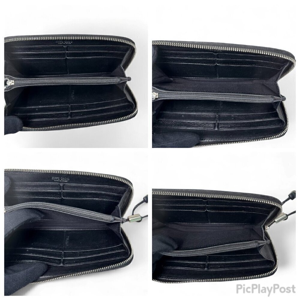 Jimmy Choo Long Black Leather Zippered Wallet, Silver Star Studs w/ Box - USED - Picture 14 of 15